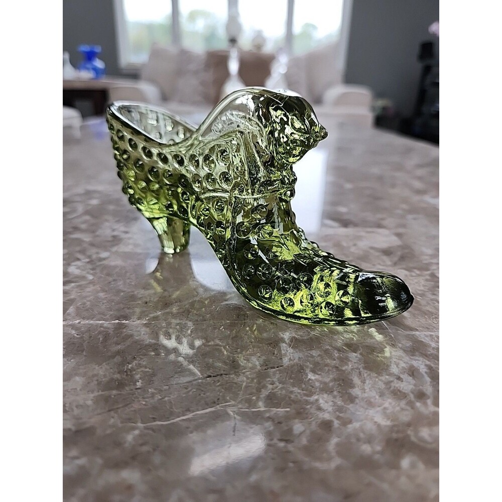 Vintage Fenton Green Hobnail Slipper Shoe With Cat Head Art Glass 6"